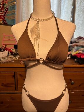 Brown Ribbed Ring-Detail Bikini Set